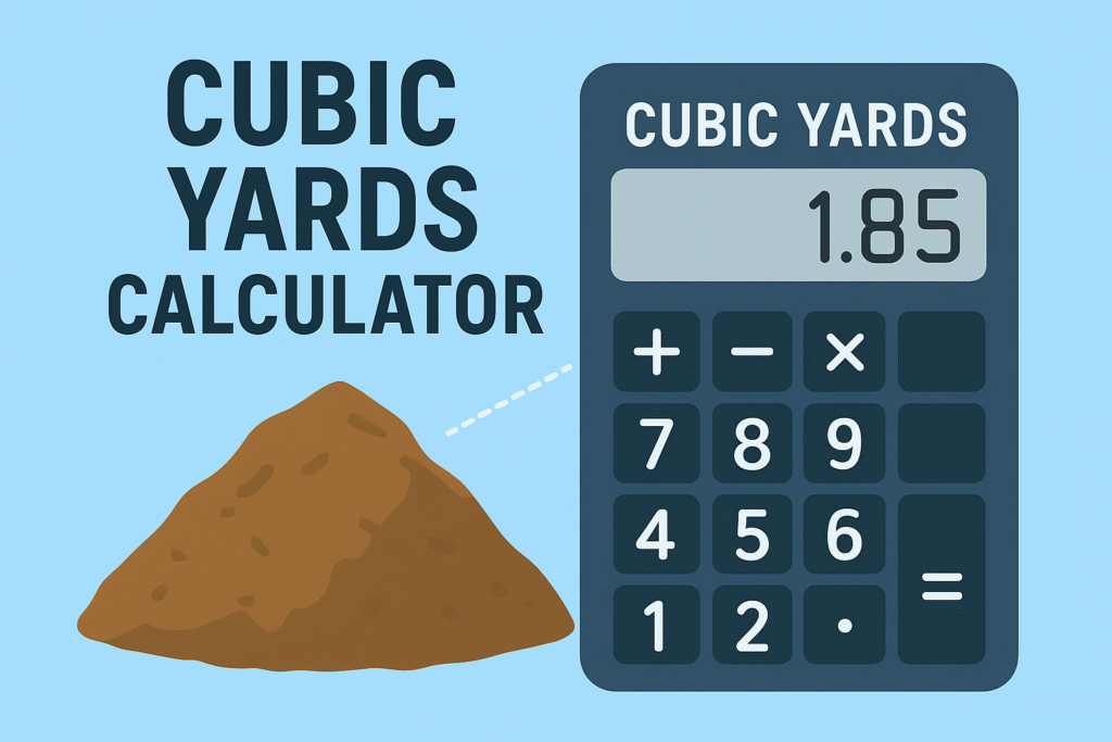 Illustration of a cubic yards calculator with digital display showing 1.85 and a soil mound beside it on a blue background.