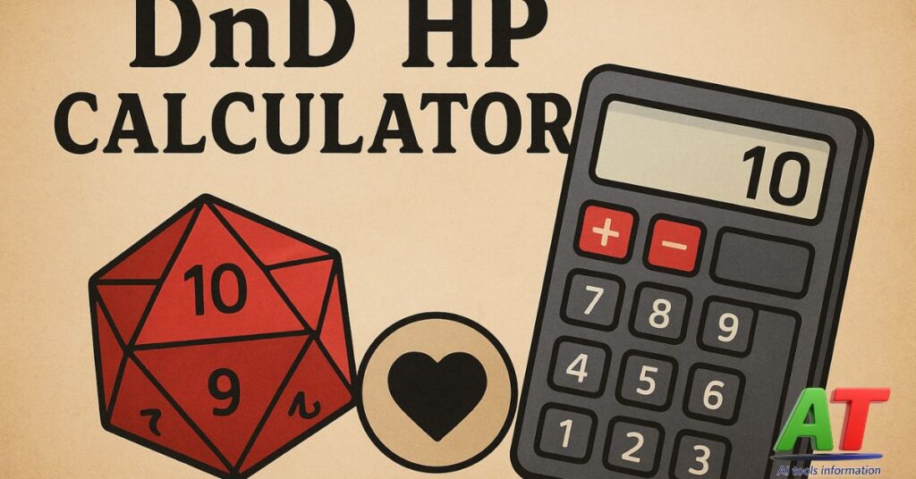 DnD HP Calculator illustration with a red D20 dice, a calculator showing hit points, and a heart icon on a parchment background.