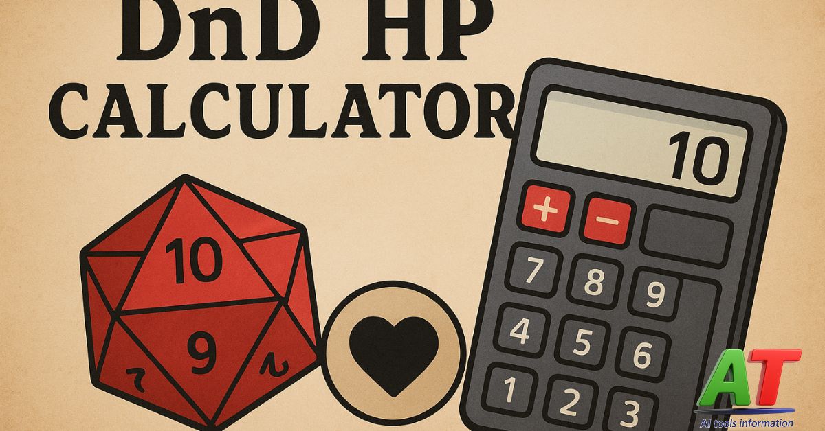 DnD HP Calculator illustration with a red D20 dice, a calculator showing hit points, and a heart icon on a parchment background.