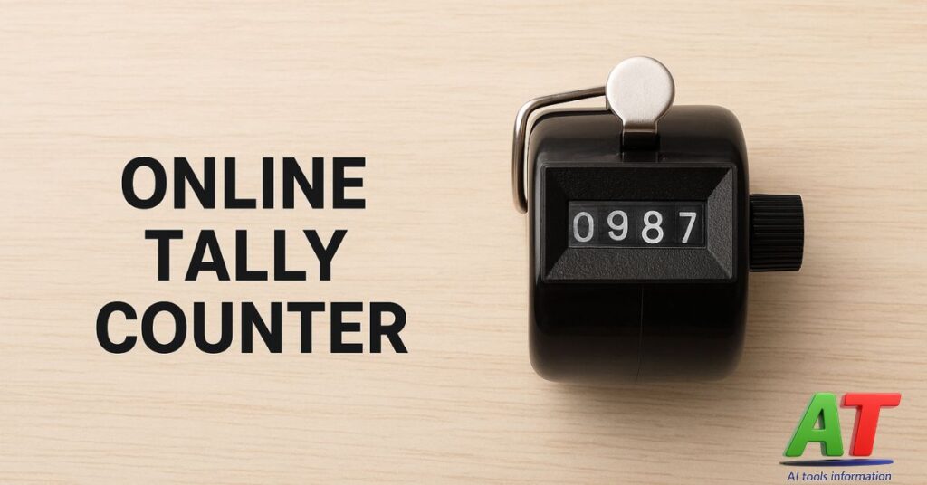 Black handheld tally counter displaying number 0987 on a light wooden background with text reading Online Tally Counter