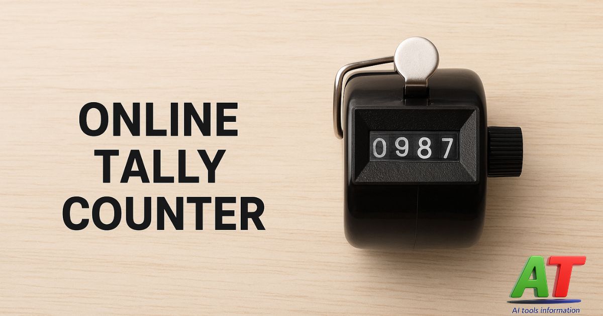 Black handheld tally counter displaying number 0987 on a light wooden background with text reading Online Tally Counter