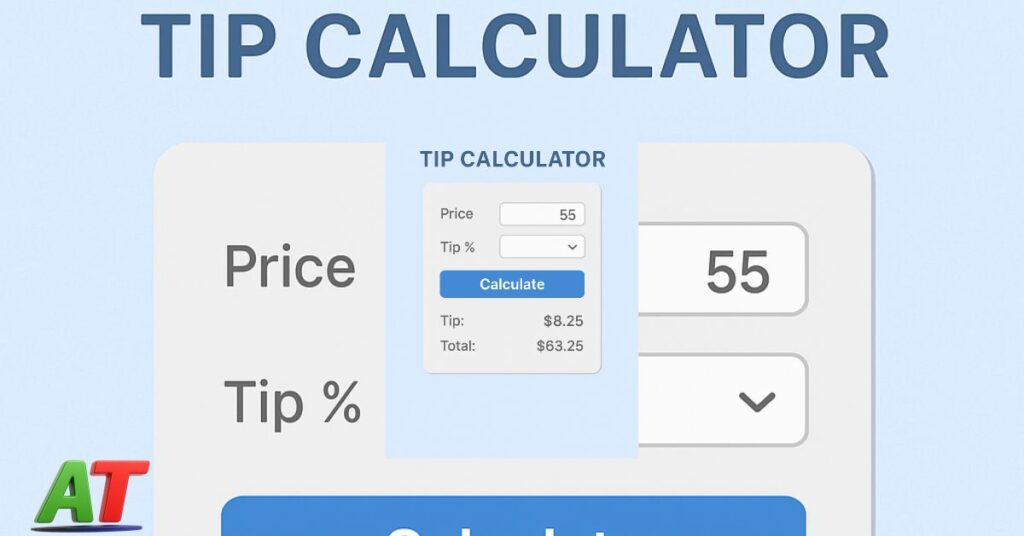 Tip calculator showing meal cost, tip percentage, and total bill on a digital screen"