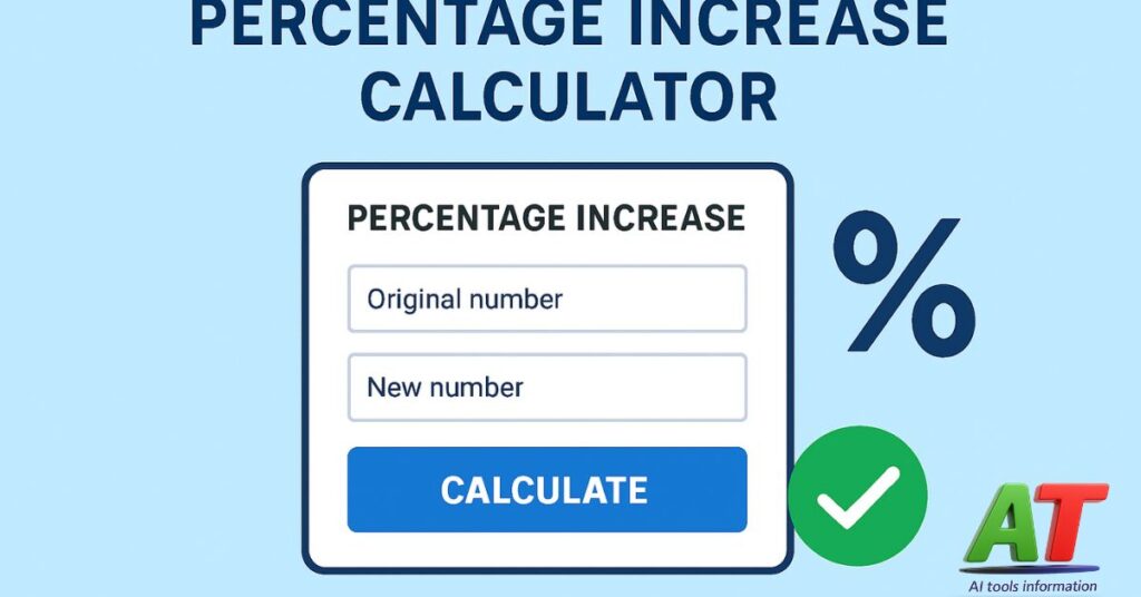 Percentage Increase Calculator interface with input fields for original and new numbers, a blue calculate button, and a percentage symbol on a light blue background.