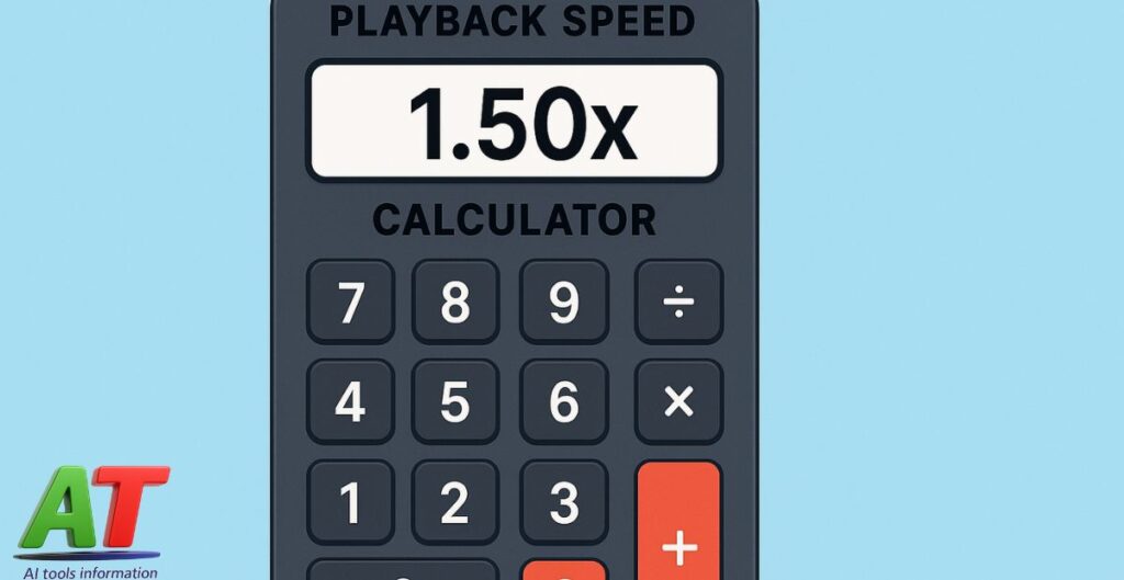 Playback speed calculator illustration showing 1.50x speed with dark keypad and light blue background.