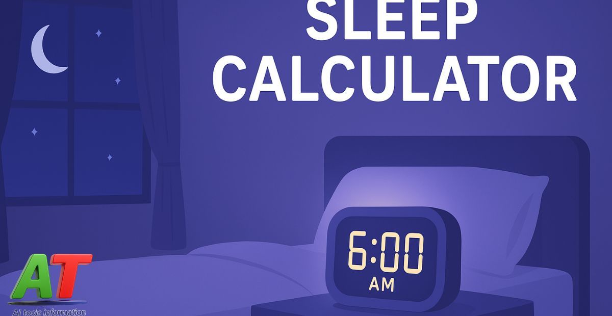 Sleep calculator showing ideal bedtime and wake-up time on a glowing alarm clock in a peaceful bedroom scen
